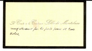 Documento originale, autentico 1900 ca Biglietto conte e contessa SELLA DI MONTELUCE listato a lutto AUTOGRAFO 1