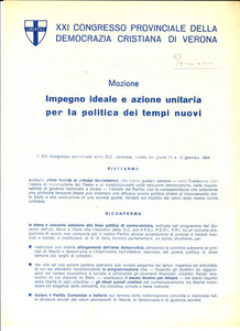 Materiale pubblicitario d’epoca 1964 VERONA XXI Congresso Provinciale DC  Per la politica dei tempi nuovi 1