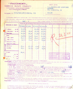 Documento originale, autentico 1940 BERGAMO SocietÃ  ITALCEMENTI Fabbriche riunite cemento Listino 1