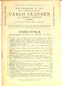 Libro, pubblicazione d epoca 1899 TORINO Catalogo libreria antiquaria Carlo CLAUSEN n. 114  Storia d Italia 1