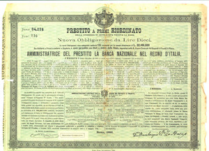 Oggetto da collezione cartaceo 1888 BANCA NAZIONALE Prestito a premi duchessa di BEVILACQUA Obbligazione L. 10 1