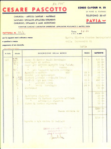 Documento originale, autentico 1944 PAVIA Cesare PASCOTTO chirurgia e sanitari Fattura intestata 1