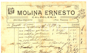 Documento originale, autentico 1909 CASTELL ARQUATO PC Ernesto MOLINA calzoleria Fattura intestata 1