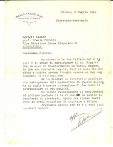 Manoscritto, lettera originale 1949 MILANO BANCO AMBROSIANO Direzione Centrale  Lettera a Ermete FERLINI 1