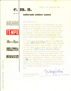 Manoscritto, lettera originale 1952 MILANO EDITORIALE MILANO NUOVA  Lettera di raccomandazione pro amico 1