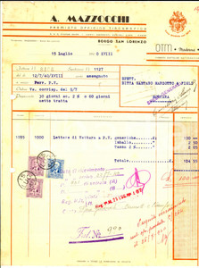 Documento originale, autentico 1940 BORGO SAN LORENZO FI Officina tipografica A. MAZZOCCHI Fattura intestata 1