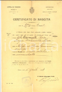 Documento originale, autentico 1914 TORINO Certificato di nascita di Rosa AZIMONTI Documento 1