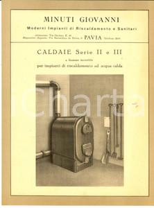 Materiale pubblicitario d’epoca 1950 ca PAVIA Giovanni MINUTI  Caldaie per impianti riscaldamento PubblicitÃ  1