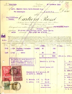 Documento originale, autentico 1943 VICENZA Cartiera ROSSI Fattura intestata per cartone con bolli 1