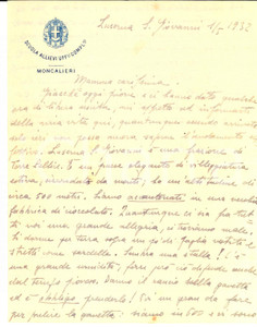 Manoscritto, lettera originale 1932 MONCALIERI Dura vita di Francesco UDESCHINI alla Scuola Allievi Ufficiali 1