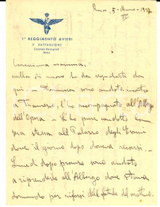 Manoscritto, lettera originale 1937 ROMA Caserma ROMAGNOLI  1° Reggimento AVIERI Lettera di allievo in miseria 1