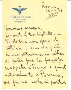 Manoscritto, lettera originale 1938 ROMA Caserma ROMAGNOLI  1° Reggimento AVIERI Lettera di allievo alla madre 1