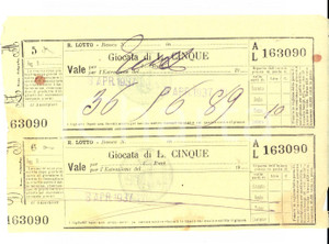 Oggetto da collezione cartaceo 1937 REGIO LOTTO Giocata di Lire 5 Biglietto 1