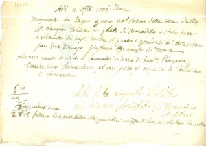Documento originale, autentico 1776 NAVE BS Stefano TORNAGO riceve compenso per lavori a un catino Ricevuta 1