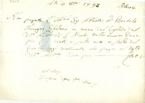 Documento originale, autentico 1793 NAVE BS Abate Bortolo TOCCAGNI GHIDONI paga l Asse di San Nicola Ricevuta 1