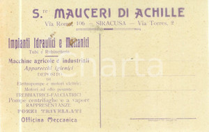 Documento originale, autentico 1915 SIRACUSA Impianti Idraulici MAUCERI DI ACHILLE Cedola commerciale 1