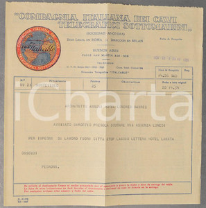 Documento originale, autentico 1926 BUENOS AIRES Compagnia Italiana dei Cavi Telegrafici Sottomarini Telegramma 1