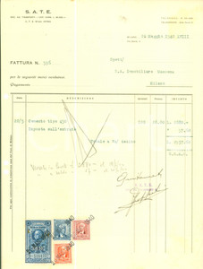 Documento originale, autentico 1940 MILANO Via Dante 4 Società  Anonima Trasporti S.A.T.E. Fattura commerciale 1