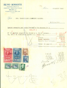 Documento originale, autentico 1940 MILANO Silvio BORSOTTI Decorazione imbiancatura e stucchi Fattura 1