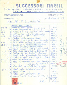 Documento originale, autentico 1962 PAVIA Successori MARELLI Cartoleria Arti grafiche Fattura intestata 1