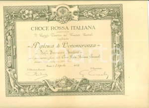 Documento originale, autentico 1923 ROMA CROCE ROSSA ITALIANA Francesco SANTORO Diploma di benemerenza 1