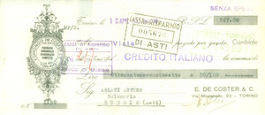 Documento originale, autentico 1940 TORINO Edmondo DE COSTER & C. Caramelle cioccolato confetti Cambiale 1