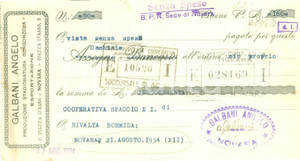 Documento originale, autentico 1934 NOVARA Angelo GALBANI Produzione stagionatura gorgonzola Assegno bancario 1