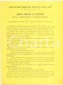 Documento originale, autentico 1886 TORINO Opere Pie SAN PAOLO Notizie sommarie e istruzioni credito fondiario 1