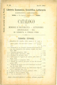 Libro, pubblicazione d epoca 1895 MILANO Libreria Alessandro GIOVANNETTI Catalogo libri scelti matematica 1