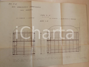 Mappa, planimetria storica 1930 ca MILANO Biblioteca Ambrosiana Sala BORROMEO Progetto scaffalature 1