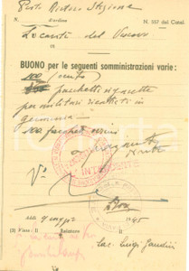 Documento originale, autentico 1945 PAVIA Buono somministrazione 300 pacchetti sigarette militari da GERMANIA 1
