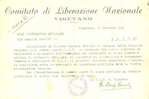 Documento originale, autentico 1945 VIGEVANO Comitato Liberazione Nazionale fornisce cuoio pellami ad artigiani 1