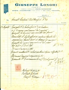 Documento originale, autentico 1925 ca MILANO Via Manzoni 39  Giuseppe LONGHI Fumista cucine economiche Fattura 1