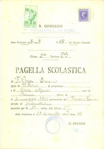 Oggetto da collezione cartaceo 1941 ROMA Regia Scuola media Pagella scolastica di Pietro FICHERA 1