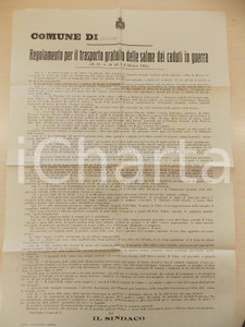 Documento originale, autentico 1920 ca REGNO D ITALIA Regolamento trasporto gratuito salme caduti in guerra 1