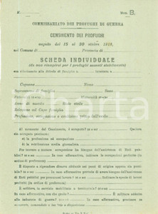 Documento originale, autentico 1918 ROMA WW1 Censimento profughi di guerra Scheda individuale NON COMPILATA 1