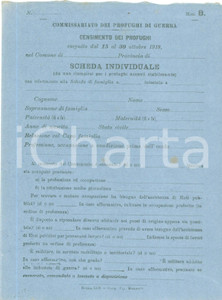 Documento originale, autentico 1918 ROMA WW1 Censimento profughi di guerra Scheda NON COMPILATA 2 1