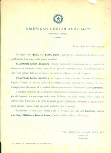 Documento originale, autentico 1945 ca ROMA AMERICAN LEGION AUXILIARY organizza aiuti a donne e bambini 1