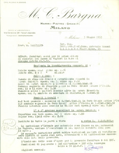 Documento originale, autentico 1953 MILANO Marmi pietre graniti BARGNA Lettera commerciale dattiloscritta 1