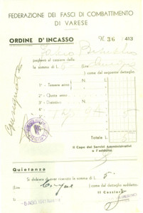 Documento originale, autentico 1941 BISUSCHIO VA Federazione Fasci di Combattimento Ricevuta di pagamento 1