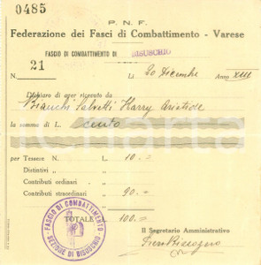 Documento originale, autentico 1935 BISUSCHIO VA Fasci di Combattimento Harry Aristide BIANCHI SALVETTI 1