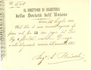Documento originale, autentico 1865 MILANO Conte Diego MELZI abbonato a SocietÃ  dell Unione Ricevuta 1