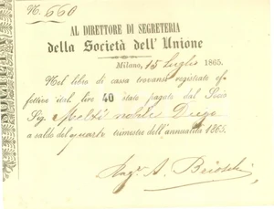 Documento originale, autentico 1865 MILANO Abbonamento a Società dell Unione Ricevuta 1