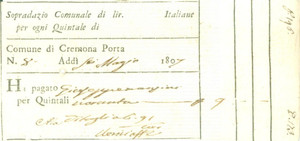 Documento originale, autentico 1807 CREMONA Giuseppe MANZINI paga sopradazio comunale Ricevuta 1