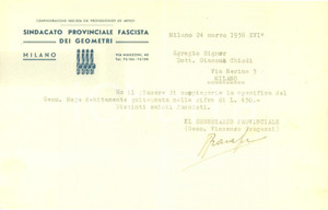 Documento originale, autentico 1938 MILANO Sindacato Provinciale Fascista Geometri Lettera commerciale 1