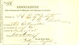 Documento originale, autentico 1867 FIRENZE Duchessa Carlotta di SUECA Abbonamento Gazzetta Ufficiale 1