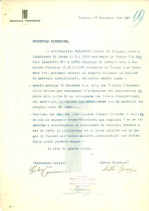 Documento originale, autentico 1941 TORINO WW2 FIAT Operaio Libero MOISO insultato da Riccardo PICCARI 1