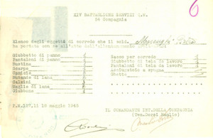 Documento originale, autentico 1945 P.M. 127 XIV Battaglione Servizi Pietro MARENGHI sottrae oggetti dal campo 1