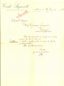Documento originale, autentico 1913 MILANO Editore Carlo SIGNORELLI invia una somma di denaro Documento 1