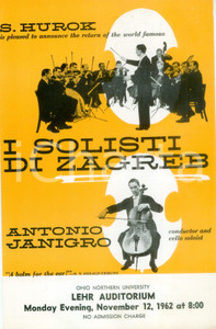 Materiale pubblicitario d’epoca 1962 ADA, OHIO USA Antonio JANIGRO e i Solisti di ZAGREB Volantino ILLUSTRATO 1
